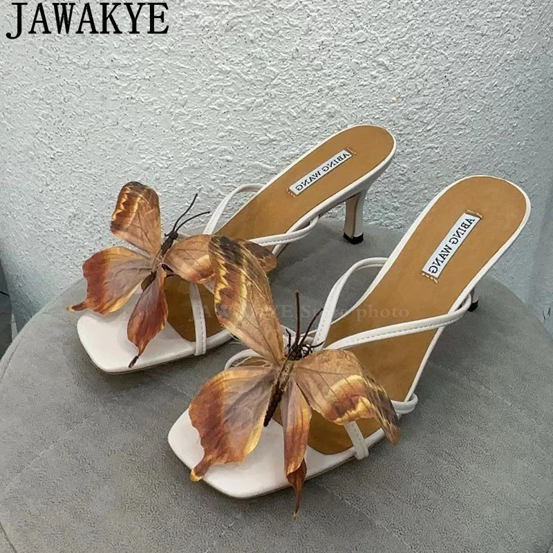 JAWAKYE New Butterfly Kitten Heel Slippers Women Square Toe Mules Slippers Summer Banquet Shoes Bohemian Holiday Party Slippers