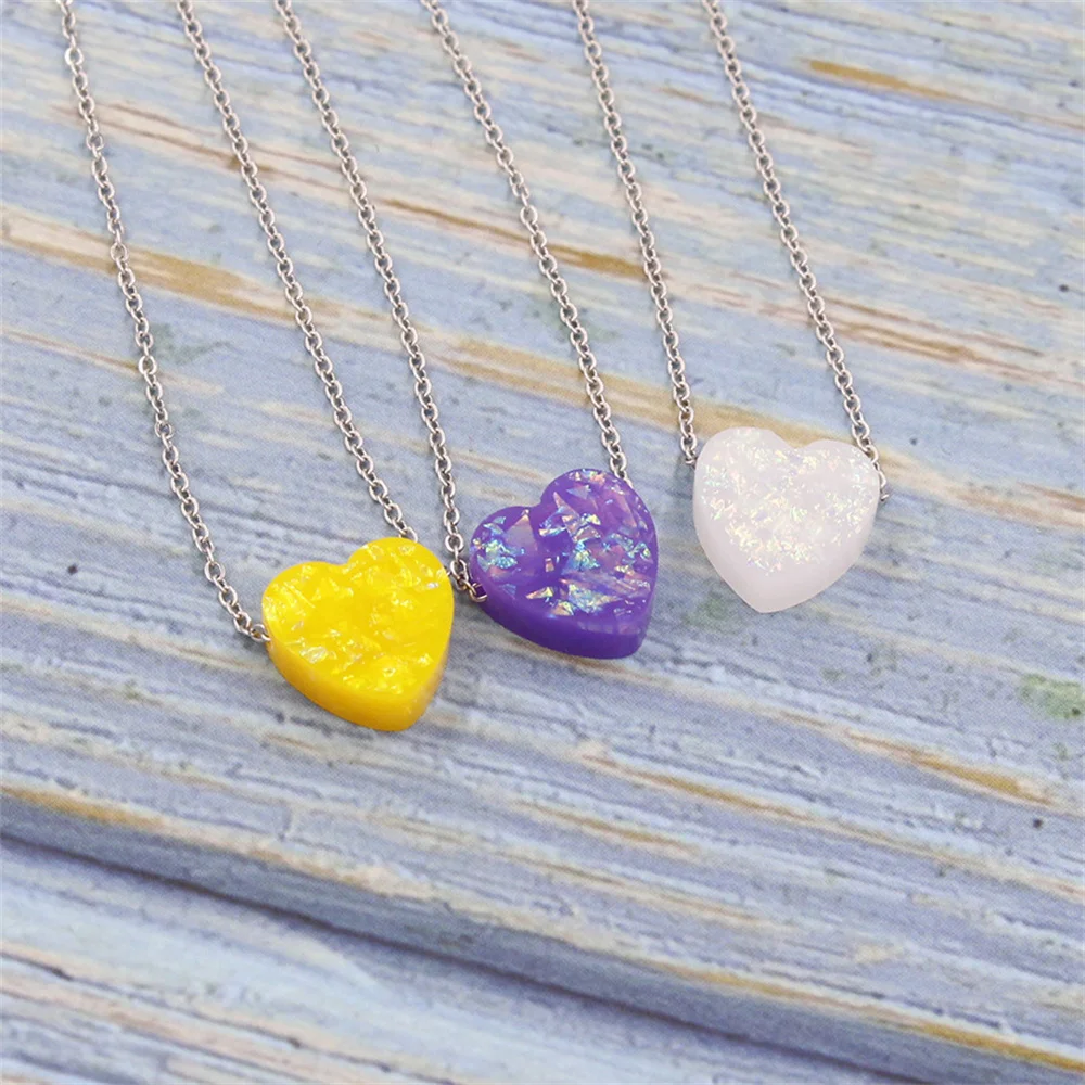 Pink Heart Shape Opal Stone Pendant Necklace Stainless Steel Gold Silver Color Chain Collar Jewelry Girlfriend Gifts