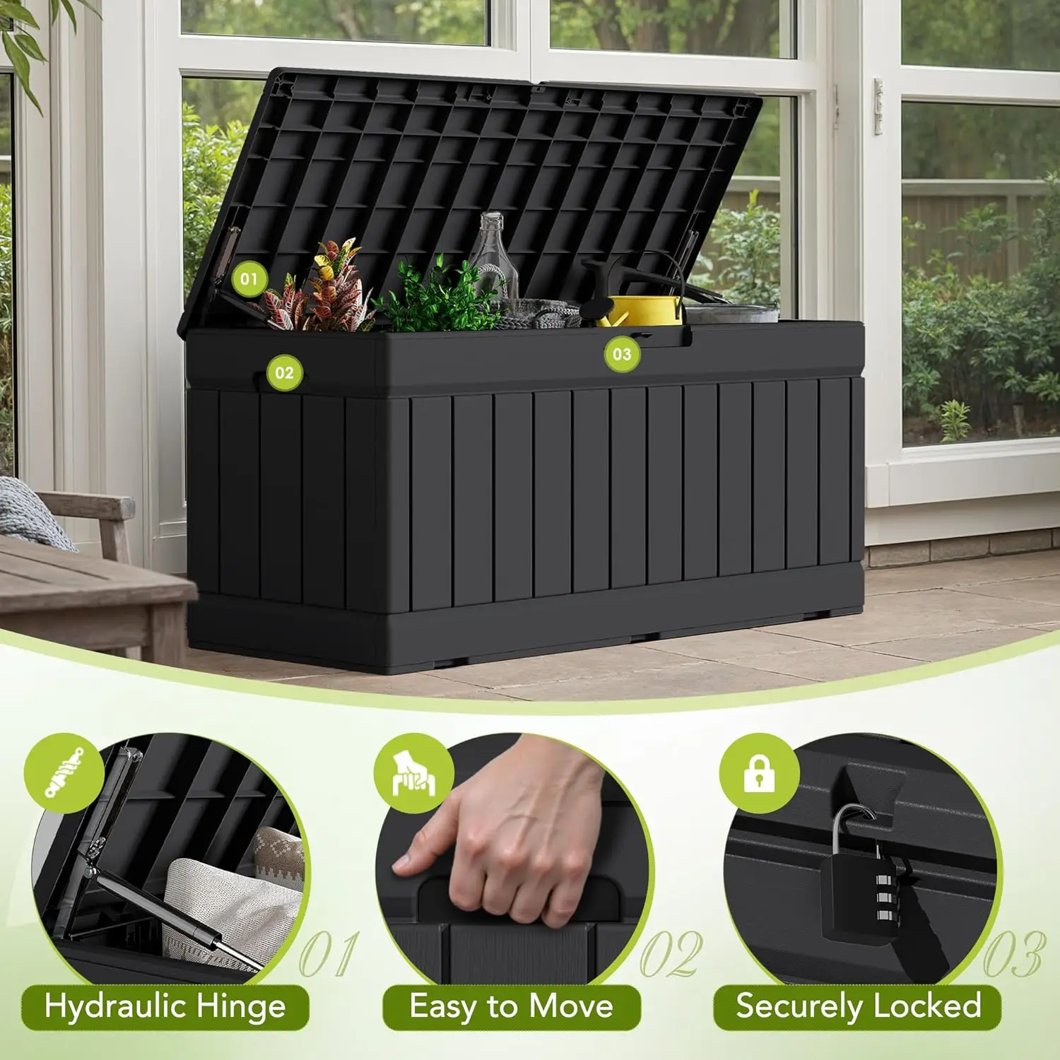 78 Gallon Deck Box, Waterproof Resin Outdoor Storage Box for Outside and Patio, Outdoor Storage Bench Lockable for Patio Furniture, Garden Tools and Pool Supplies (Black, 78 Gallon)