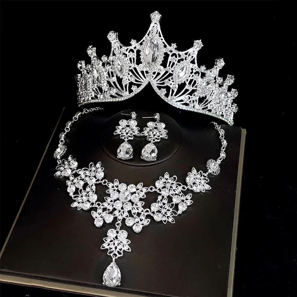 Bridal Crown Tiara Necklace Earrings Set Shining Headband Hair Accessories for Wedding Pageant Prom Princess Queen Theme Party