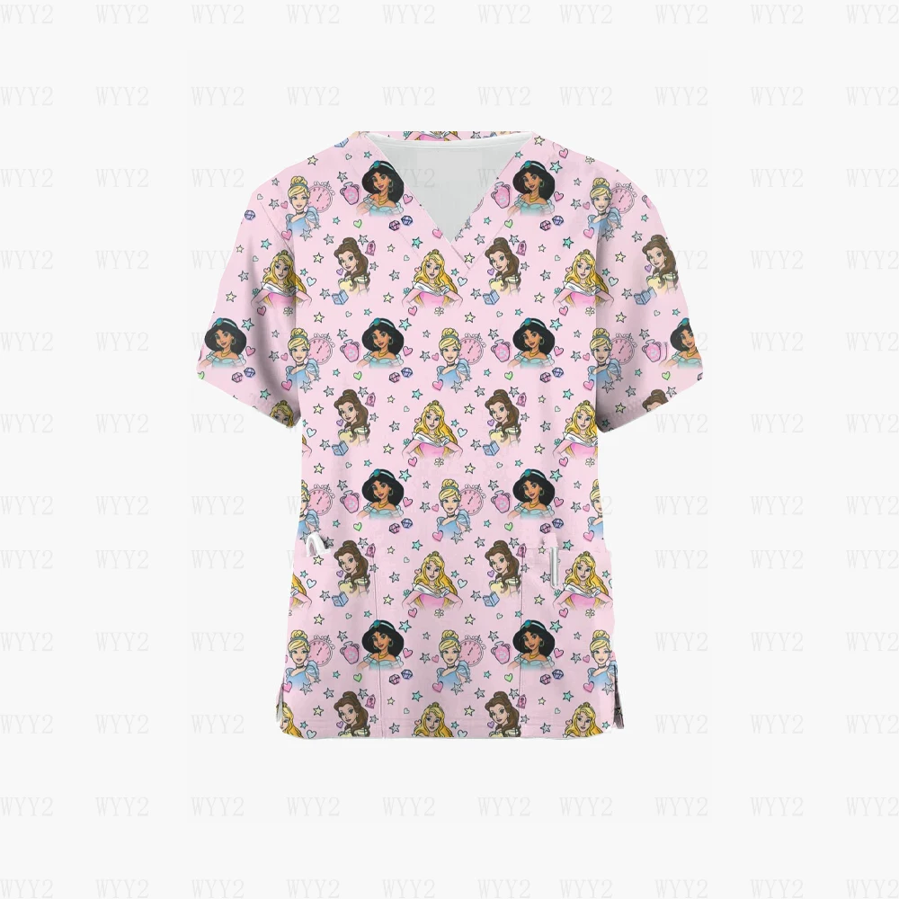 Disney-V Neck Enfermeira Vestido, Pulôver de bolso, Uniforme do Trabalho, Impressão, Enfermeira, Princesa, Enfermagem Médica, Scrub Tops, Pet Shop, Roupas