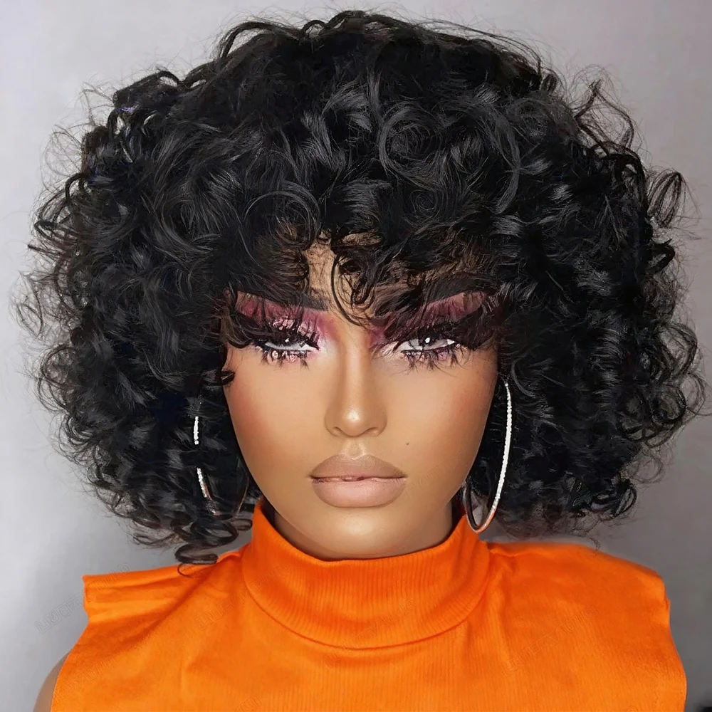 Pelucas de Cabello Humano Rizado de Alta Densidad 300% para Mujeres Negras, Peluca Afro Rizada Corta Estilo Pixie con Flequillo, Peluca Bob Rizada sin Pegamento, Peluca de Cabello Humano Rizado Suelto con Flequillo, Peluca de Rizos Grandes y Voluminosos, Peluca Funmi Curl sin Pegamento, Peluca Lista para Usar, Peluca Completa Hecha a Máquina en Oferta