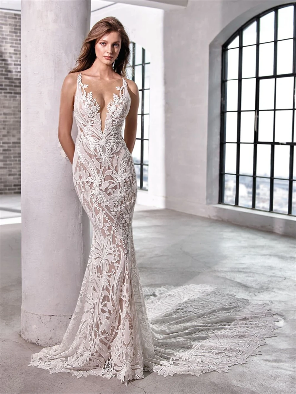 Bellissimo abito da sposa Boho in pizzo da spiaggia a maniche lunghe con applicazioni abiti da sposa Sexy con scollo a v abito lungo fino al pavimento Vestido De Novia