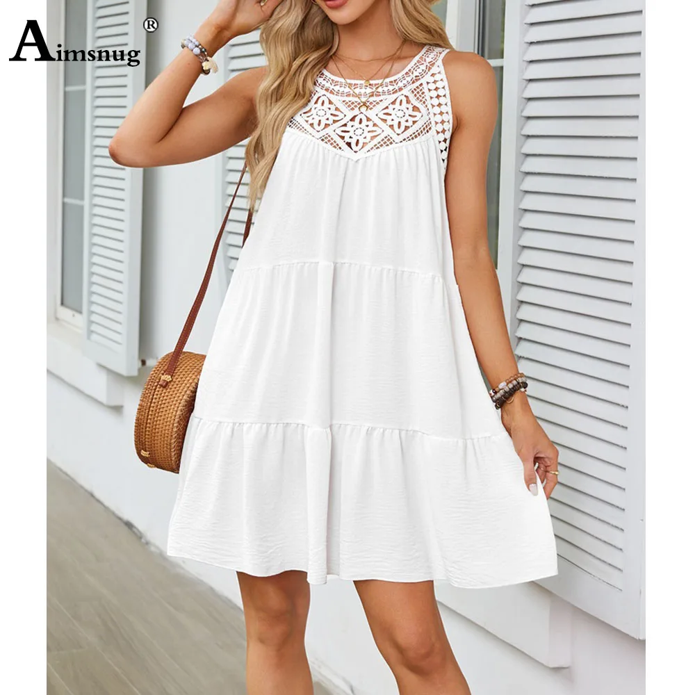 2025 Summer Boho Knee-Length Dresses Women Sleeveless Elegant Lace Dress Plus Size Ladies Casual Retro O-neck Beach Dresses New