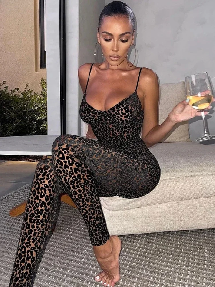 Flocking Mesh Jumpsuit Women Autumn Sexy Camis Leopard Patchwork Body-Shaping One Piece Clothing Midnight Attire Clubwear