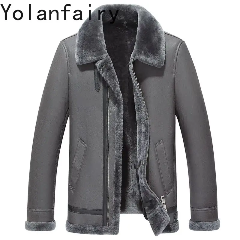 YOLANFAIRY 100% Natural Leather Jacket Men Winter High Quality Warm Real Wool Fur Coat Man Clothing Short Fur Coats and Jackets