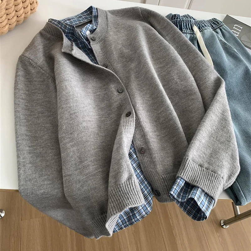 

Harajuku поддельный вязаный кардиган из двух предметов для женщин Y2K уличная одежда однобортный кардиган куртка винтажный серый трикотаж в стиле ретро пальто