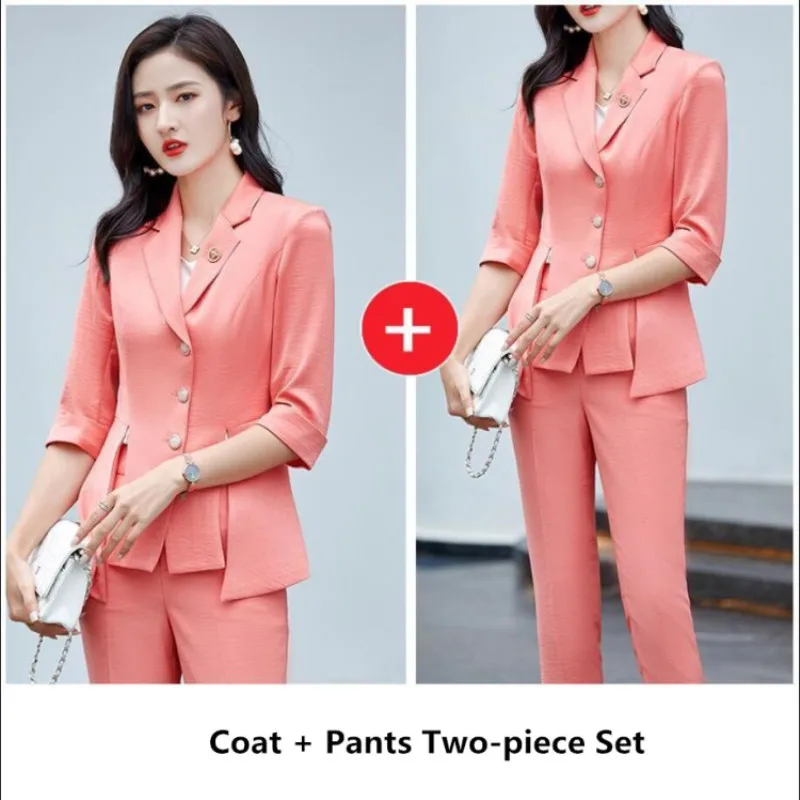 Women's Summer Fashion Business Wear 2022 New Casual Three-quarter Sleeve Suit Coat Trousers 2 Piece Korean Elegant Blazers Set