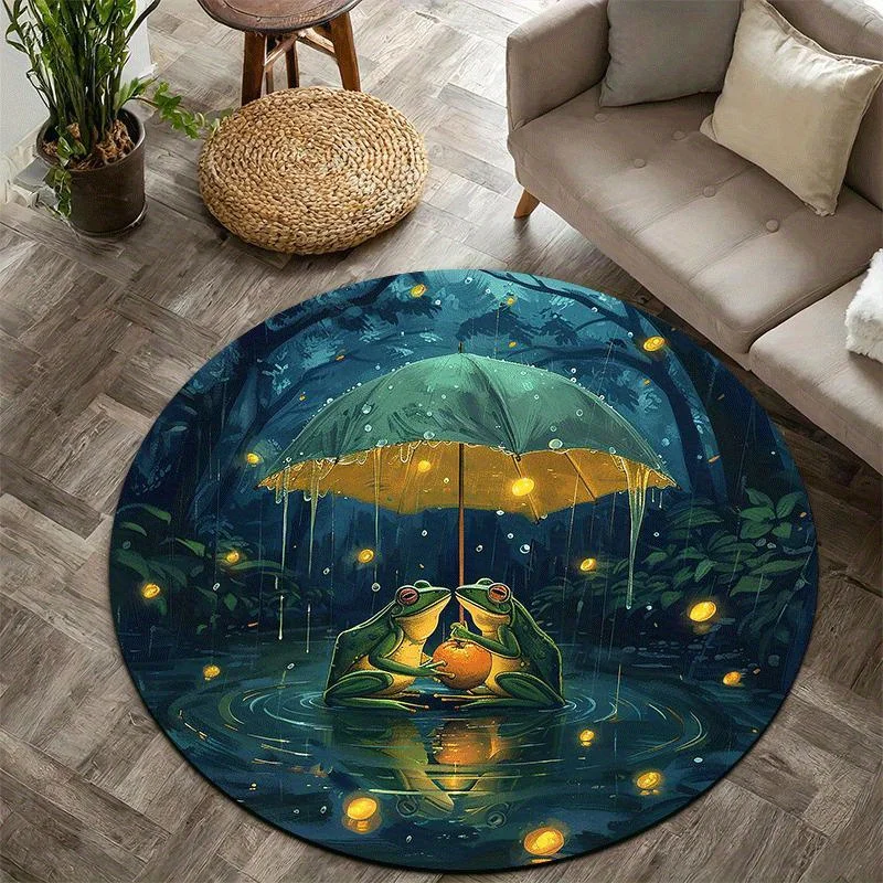 frog is holding an umbrella Flannel-printed round floor mats are slip-resistant Suitable for living room terrace garden carpets