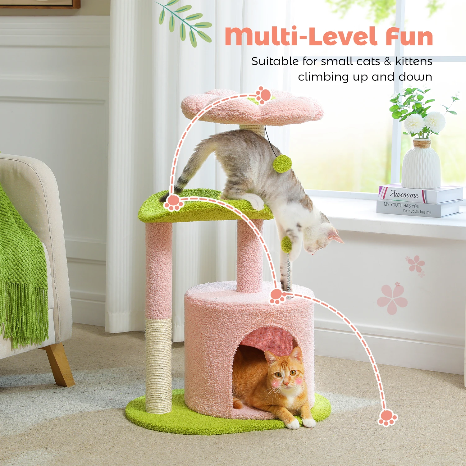 Flower Cat Tree with Natural Sisal Scratching Post, Cozy Cat Condo, Top Perch, Small Cat Tower for Small Indoor Cats, Pet Toys