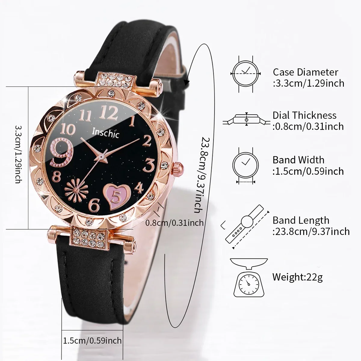 6PCS/Set Women Watches Fashion Heart Dial Leather Band Quartz Watch Leaf Bracelets Set ( Without Box )