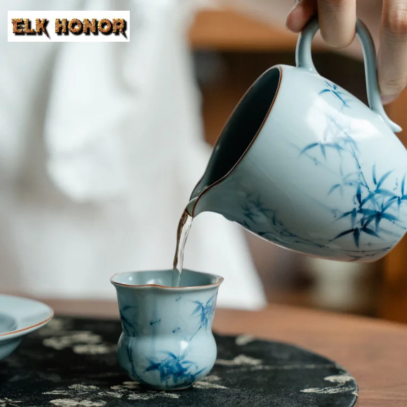 2pc/lot Ru Kiln Hand-painted Blue Bamboo Teacup Zen Tea Bowl Tea Cup Set Tea-tasting Fragrance Cup Jianzhan Master Cups Cha 45ml