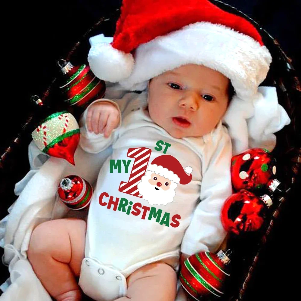 Mijn Eerste Kerst Pasgeboren Baby Witte Lange Mouw Romper Cartoon Sneeuwman Print Outfit Kinderdoop Bodysuit Kleding Xmas Gift