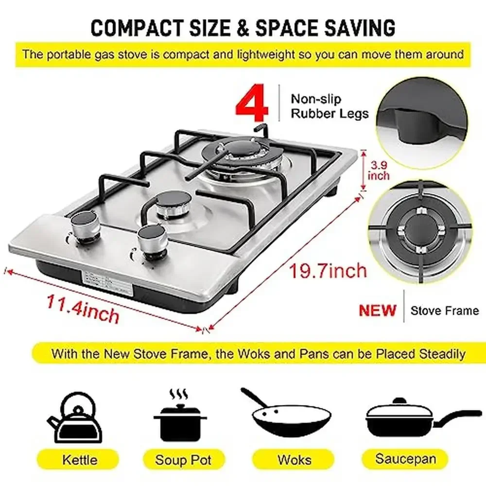 Cuisinière à gaz naturel en acier inoxydable pour touristes, 2 brûleurs, propane, compte-gouttes, toit facile à nettoyer avec ville électrique, 12 po