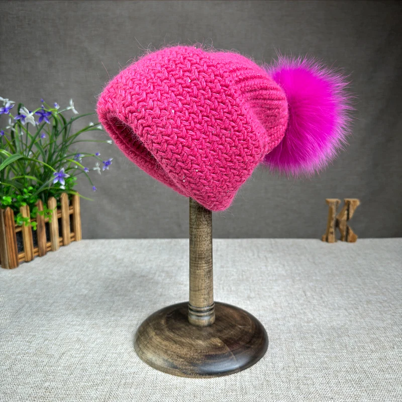 2024 High end big head circumference, small face, rabbit hair sequin knitted hat fox fur ball warm and loose stacking hat