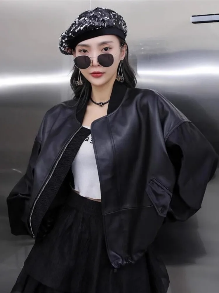 

Leather jacket 2023,Women Sheepskin Short Coat High Street Punk Genuine Leather Bomber Jacket Stand Collar Loose Fit Batwing Sle