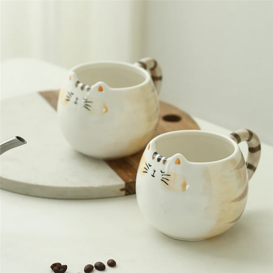 Handgezeichnetes katzenförmiges Design, Keramiktasse, Kaffeetasse, Wasserbecher mit großem Fassungsvermögen, Milchbecher, Frühstücksbecher für zu Hause