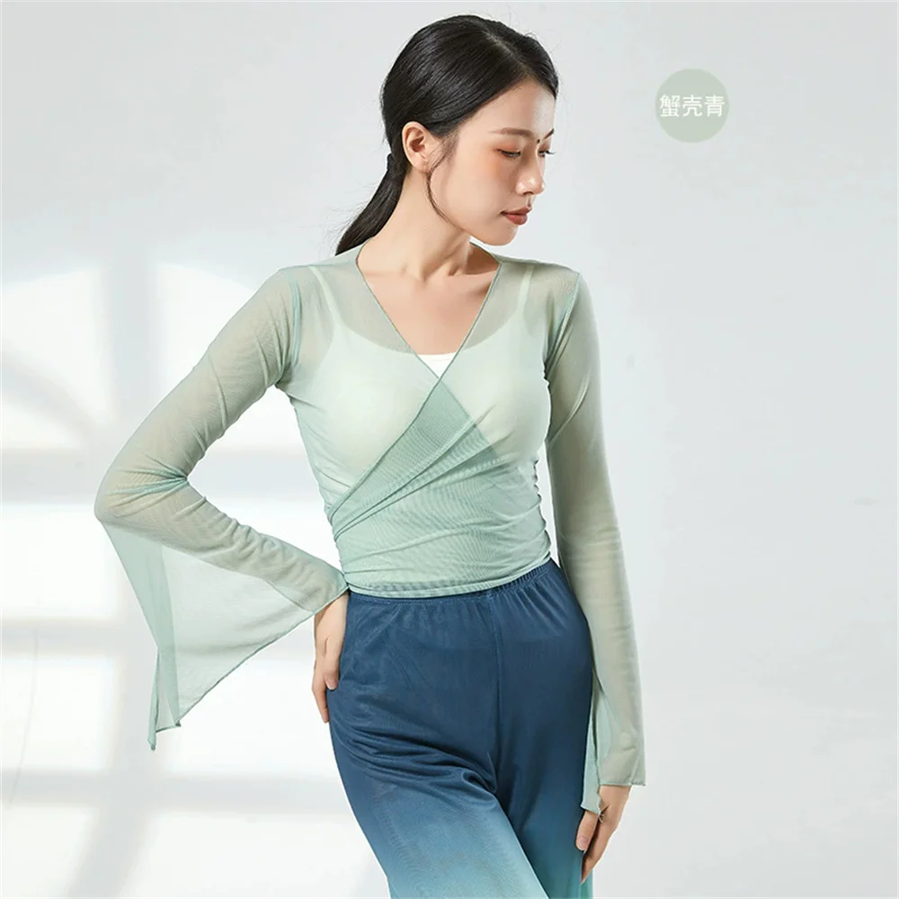 Mode Vrouwen Dans Top Lange Uitlopende Mouw Gaas Mesh Dunne Blouse Prestaties Lijn Kleding Vintage Koreaanse Kleding Vrouwen