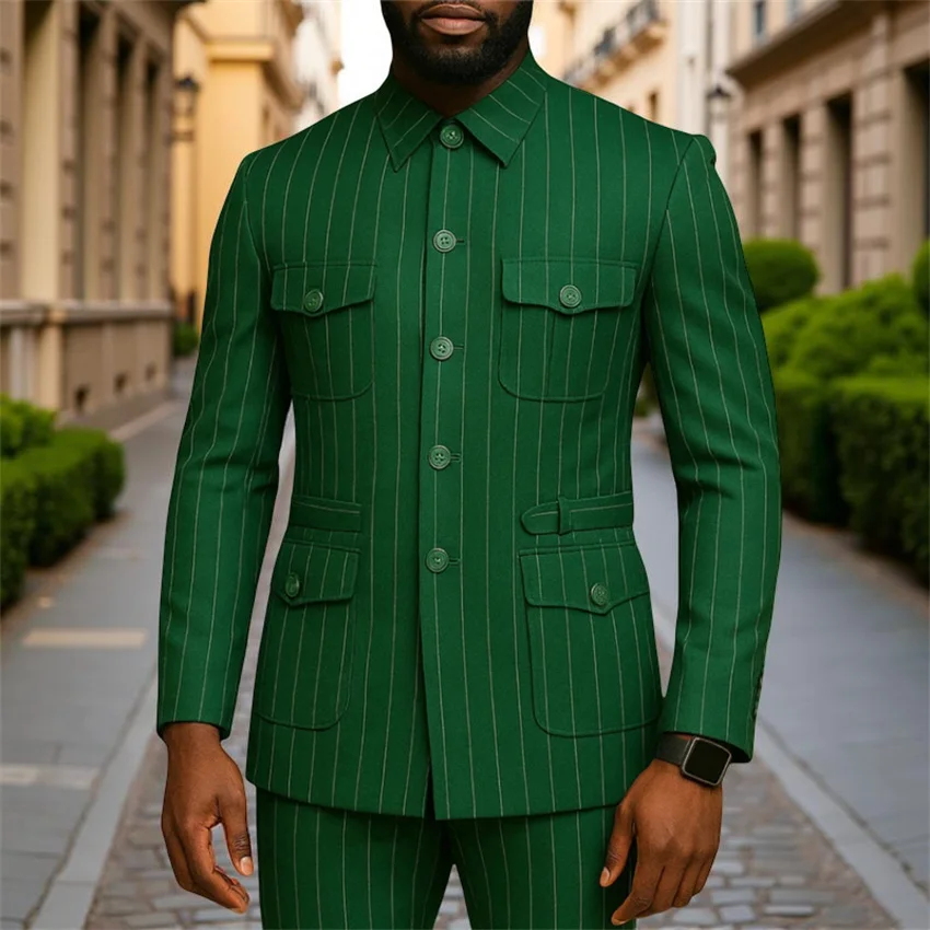 

Striped Safari Men Suits for Outdoors Single Breasted Wedding Groom Tuxedo 2 Pcs African Fashion Style Male Suit Jacket Pants