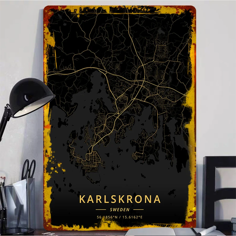 Karlskrona Sweden Gold Black Metal Wall Art City Map Decorative Iron Painting for Home Office Decoration