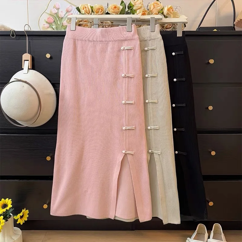 

Новая женская вязаная юбка в китайском стиле с дзен-узлом, с высокой талией, облегающая, с разрезом, весна 2025, модная городская юбка для прогулок