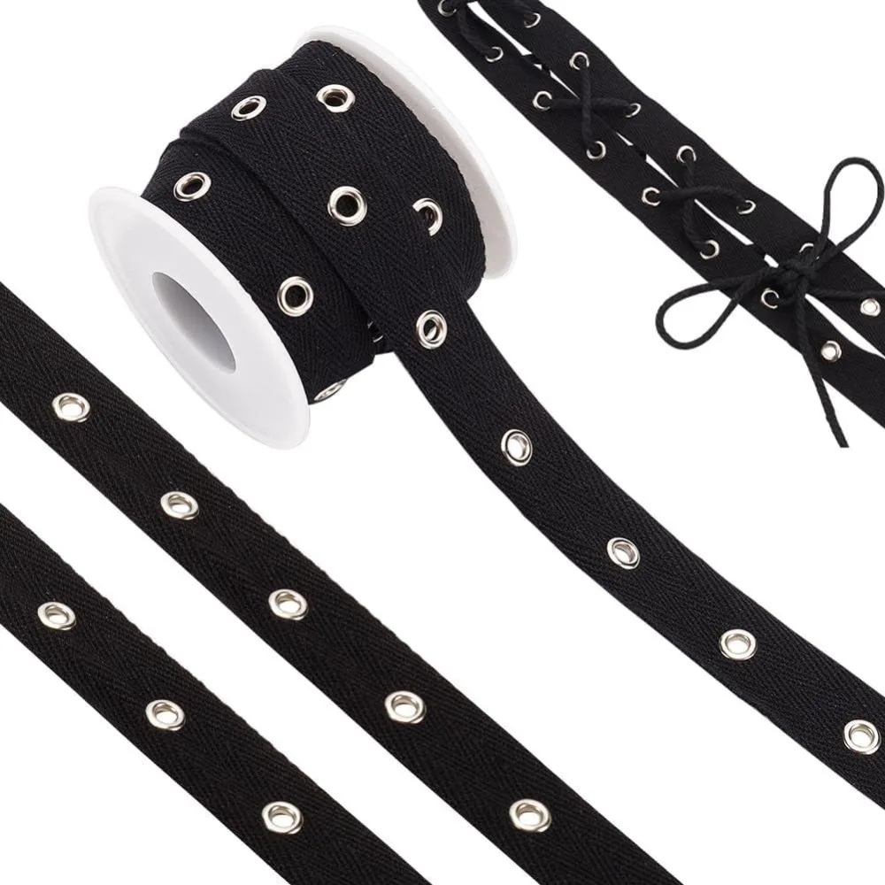 6.25 Yards Black Cotton Grommet Eyelet Twill Tape Trim 3/4 inch Wide Silver Metal Eyelet Ring Ribbon Strip for Sewing Crafts