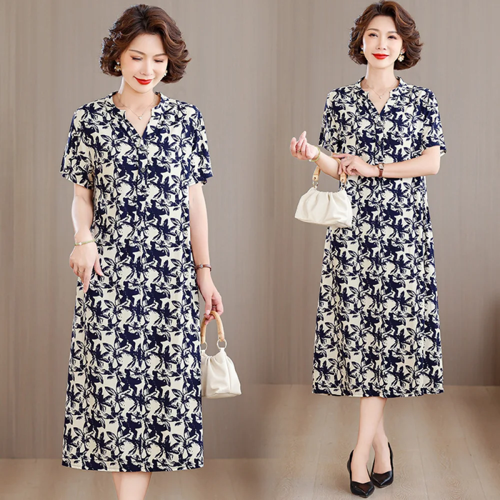 Womens Summer Dress Loose Casual V Neck Short Sleeve Big Size Dresses Mother Elegant Fashion Solid Color Shift Beach Gown