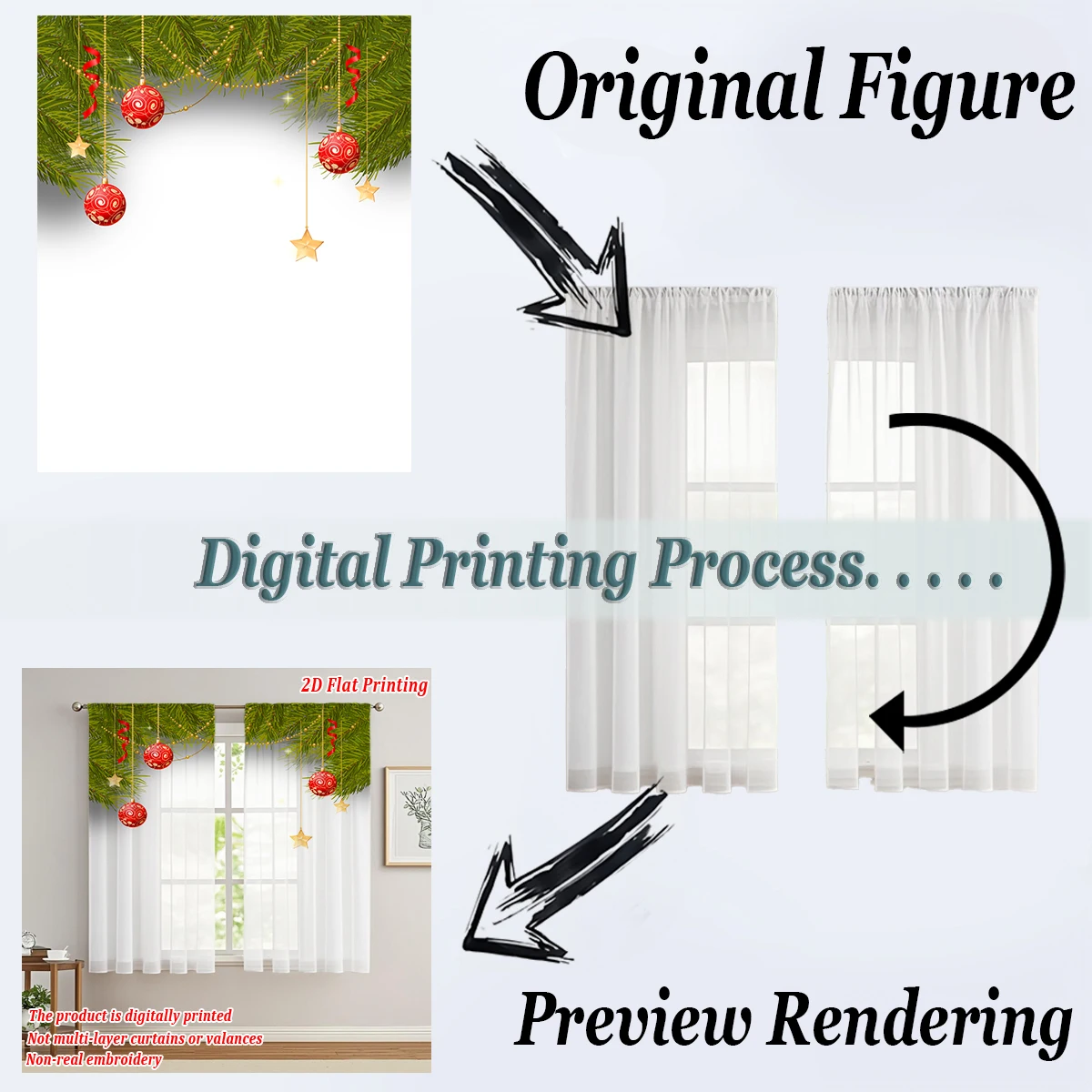 ستارة شفافة للمطبخ مطبوعة مسطحة لعيد الميلاد مع فرع كرة عيد الميلاد المجيد على شكل نجمة من الصنوبر لحفلات ديكور المنزل في عيد الميلاد #5