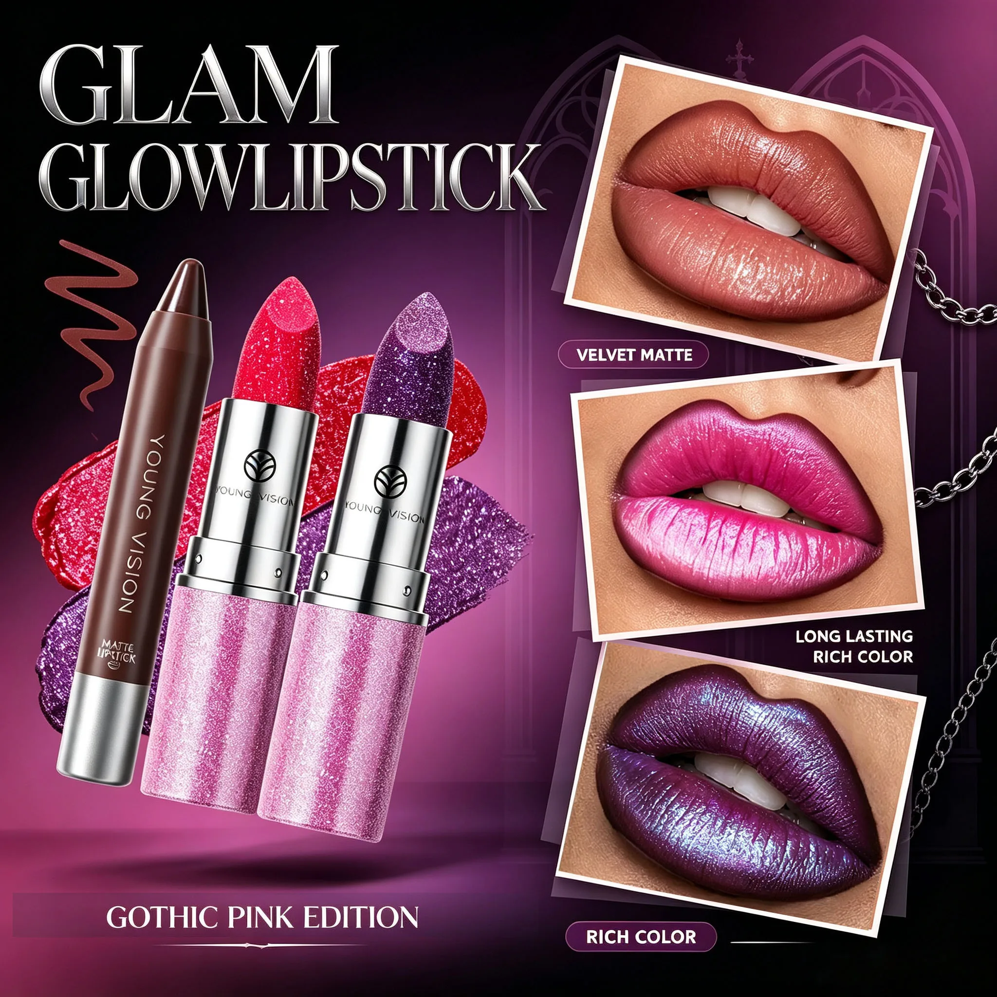 YOUNG VISION 6 Colors Pearl Colored Chameleon Lipstick Multi Functional Lipstick Diamond Purple Tube  Gradient lip makeup