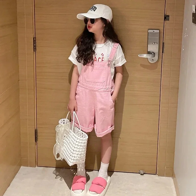 

Girls Mid-rise Overalls Children's Casual Shorts Summer Thin Denim Suspenders Middle Big Children's Loose Wide-leg Shorts