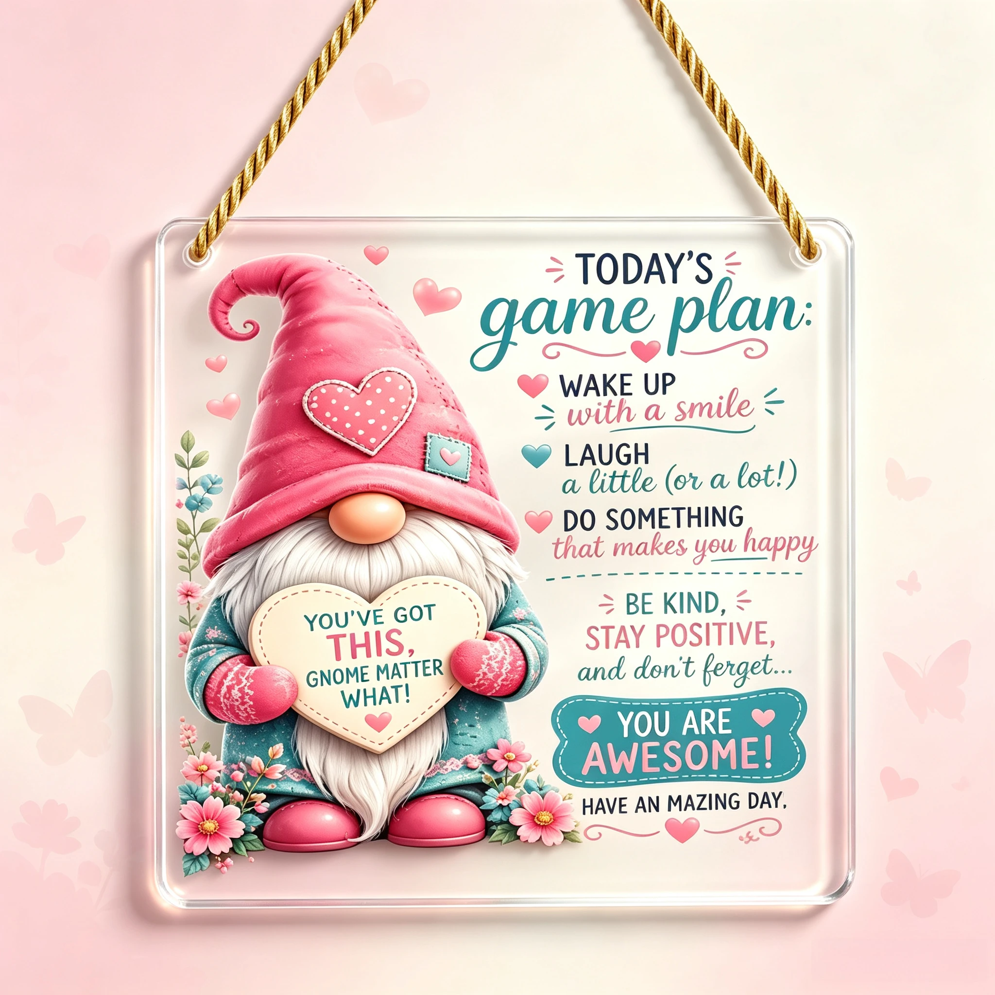 Pink Gnome Motivational Quote Acrylic Ornament, Encouragement Door Hanging Gift