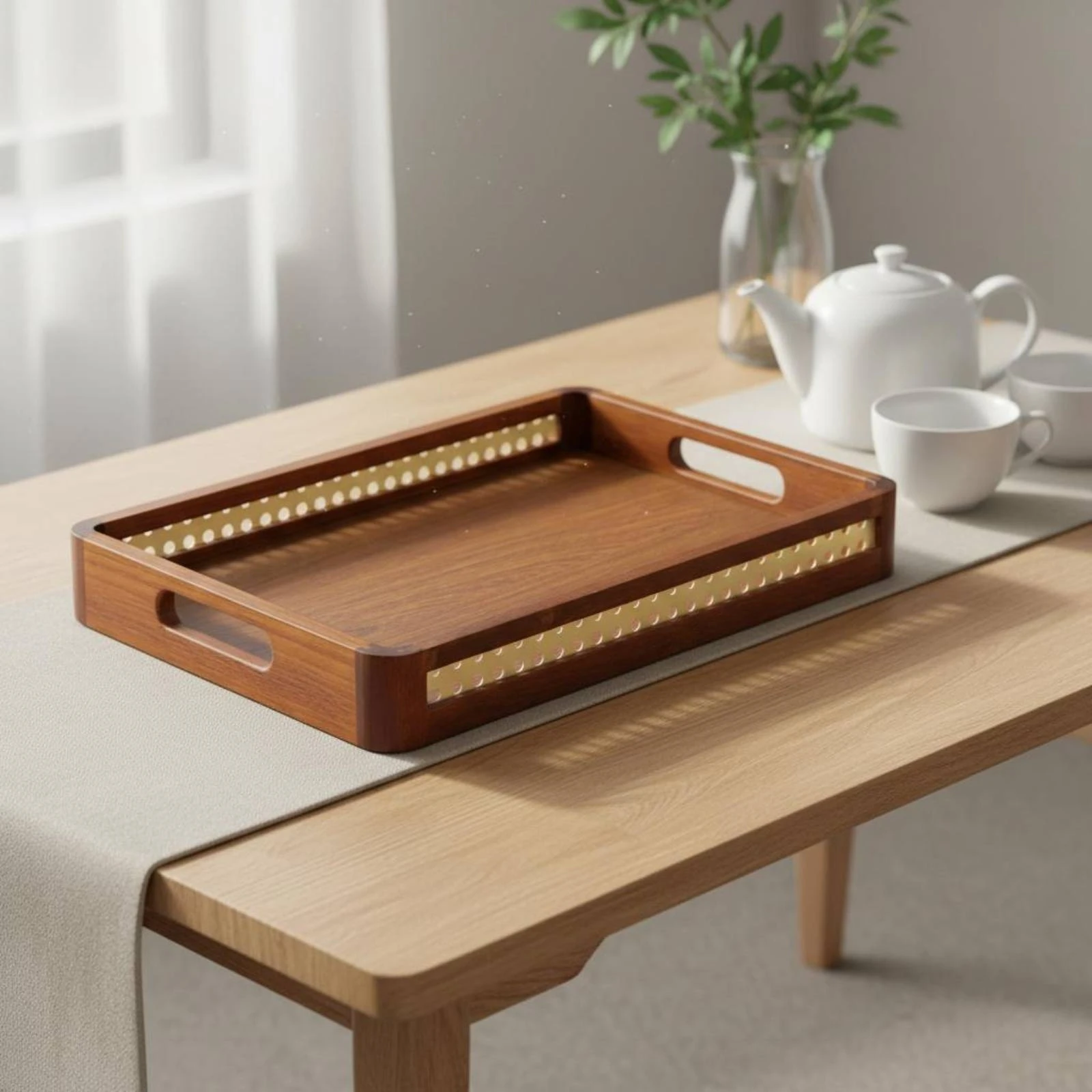 

Wooden Tray with Handles Metal Handle Wooden Tea Tray Household Item Rounded Corners Home Decor Natural Wood