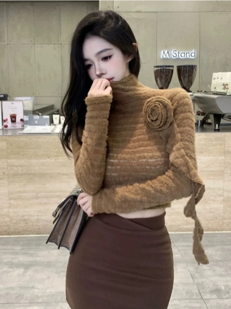 

Women's High Collar Knitted Top with 3D Flower Design Slim Fit ort Sle Base irt Korean Sle Commute Pure Color