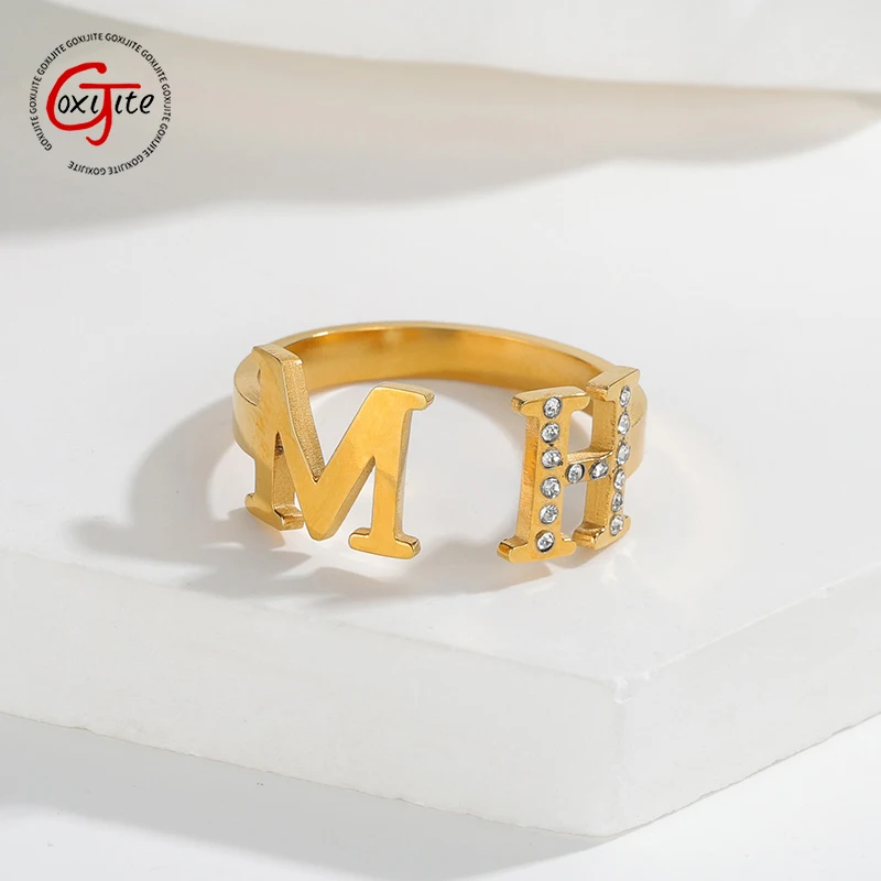 

Goxijite Customized Letter Inlaid Stone Ring Stainless Steel Personalized Opening Ring Lovers Commemorate Jewelry Gifts