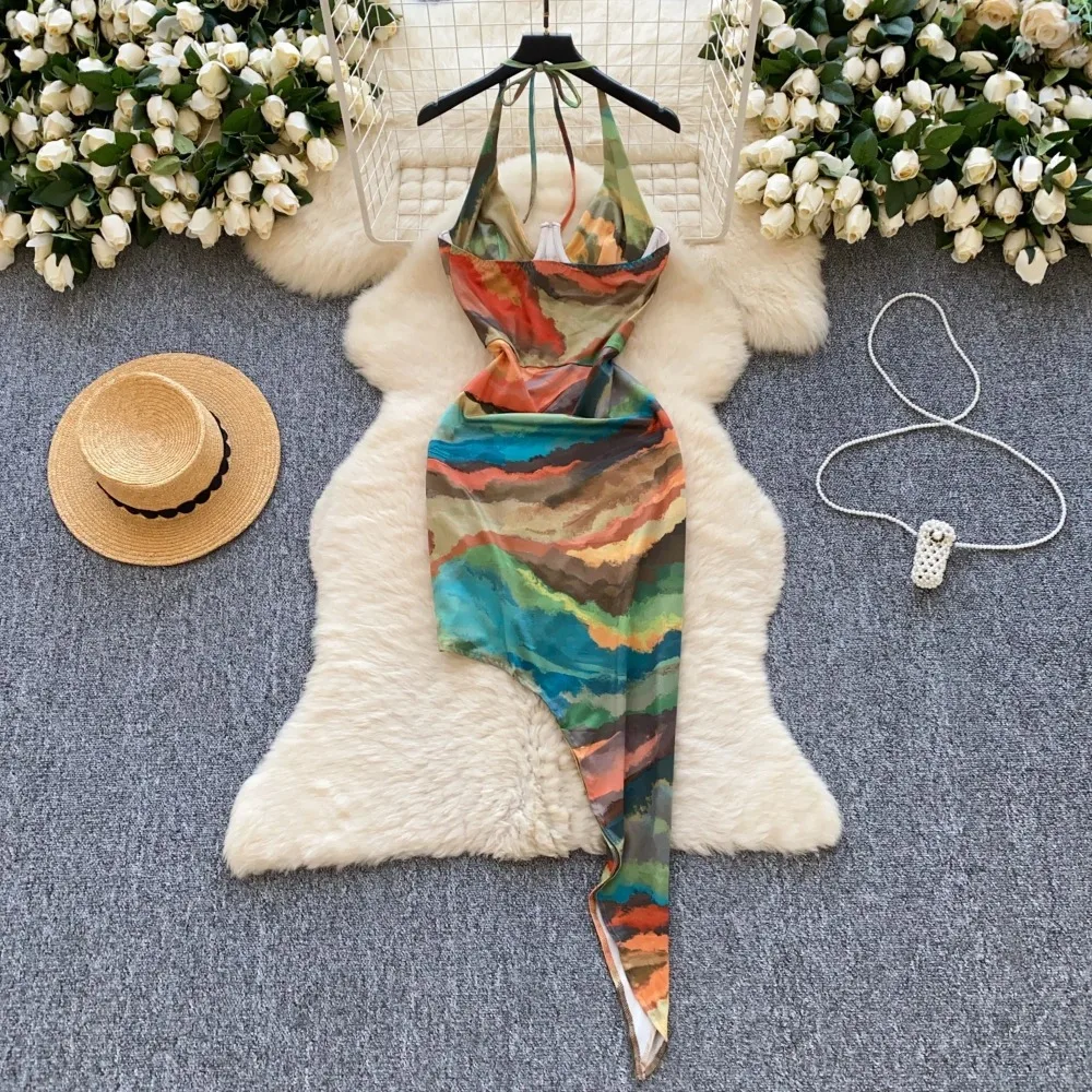 Hotsweet elegante sem mangas sexy halter bandagem com decote em v impressão chique split assimétrico vestidos finos noite roupas de rua alta