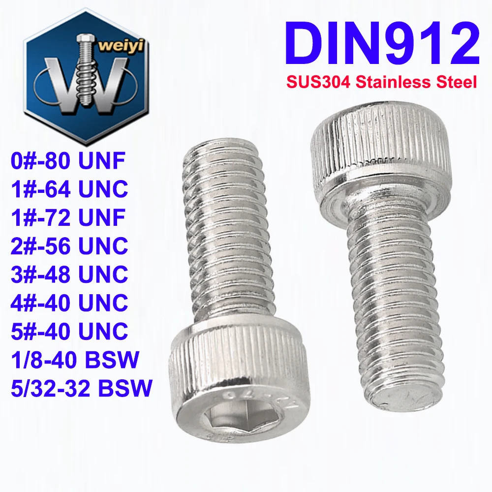 

Weiyi DIN912 0# 1# TO 5# UNC UNF 1/8-40 5/32-32 BSW SUS304 A2 Stainless Steel Hex Socket Knurled Cap Head Bolts Allen Key Screws