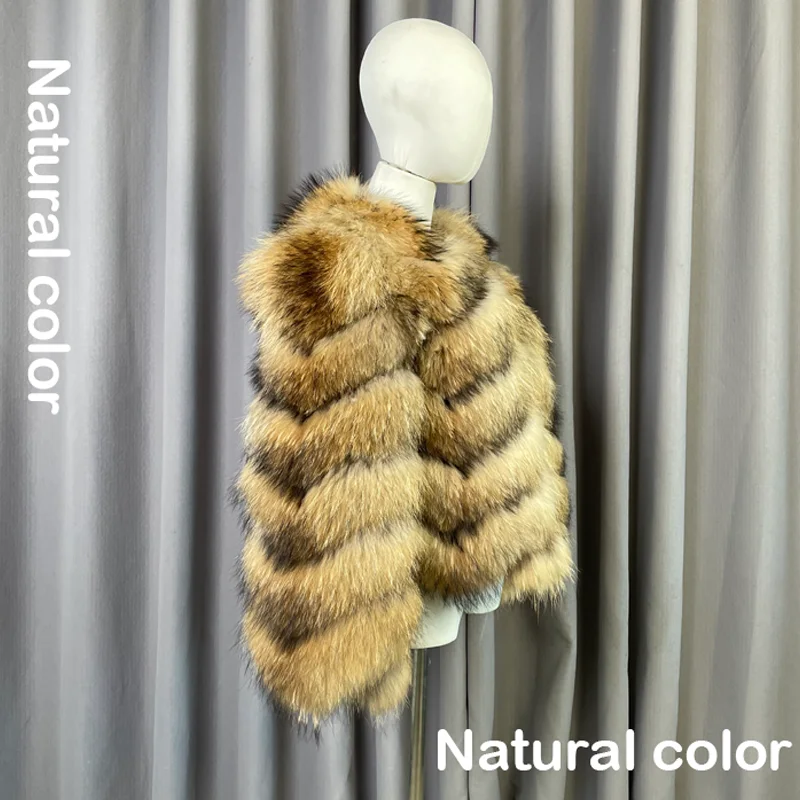 Wholesale Custom Real Fur Coat Winter Warm Natural Color Real Raccoon Fur Coat Long Sleeve Crew Neck Bomber Jacket
