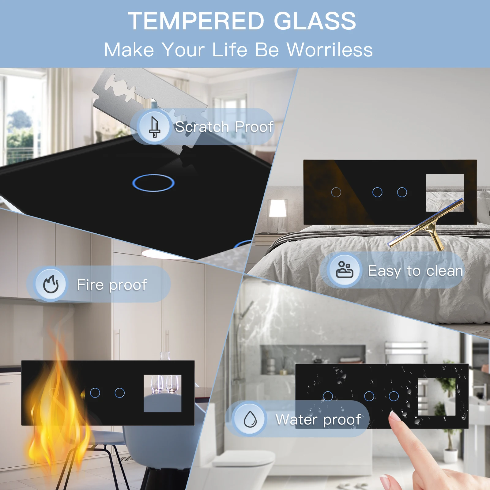 BSEED EU Standard 1/2Gang 1Way Wall Sensor Touch Switch With EU USB Wall Socket Phone Charge Type-c Glass Panel Led Light Switch