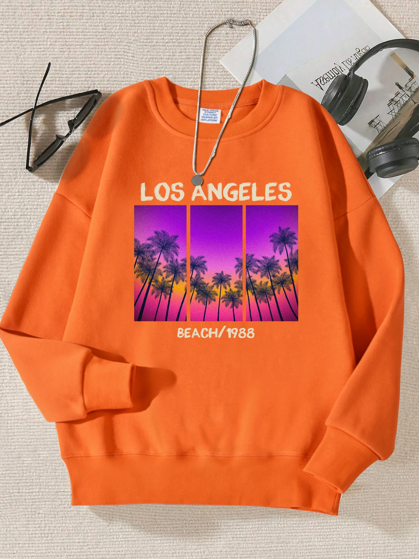Los Angeles Beach 1988 Print Streetwear Women Simple Hip Hop Sweatshirt Sport Fur-Line Pullovers Soft Multicolor Unisex Tops