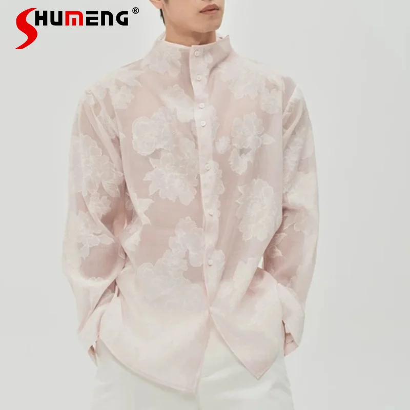 

Men's 2026 Summer Fashion Translucent Flower Jacquard Tops Men's Stand Collar Shirts Light Luxury Handsome Loose Comfort Shirts