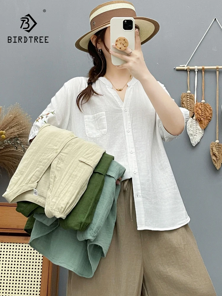 

New 2026 Summer Women Cotton Yarn Half Sleeve Shirt, V Neck Floral Embroidery, Mori Girl OL Casual Thin Loose Blouse T65357CC