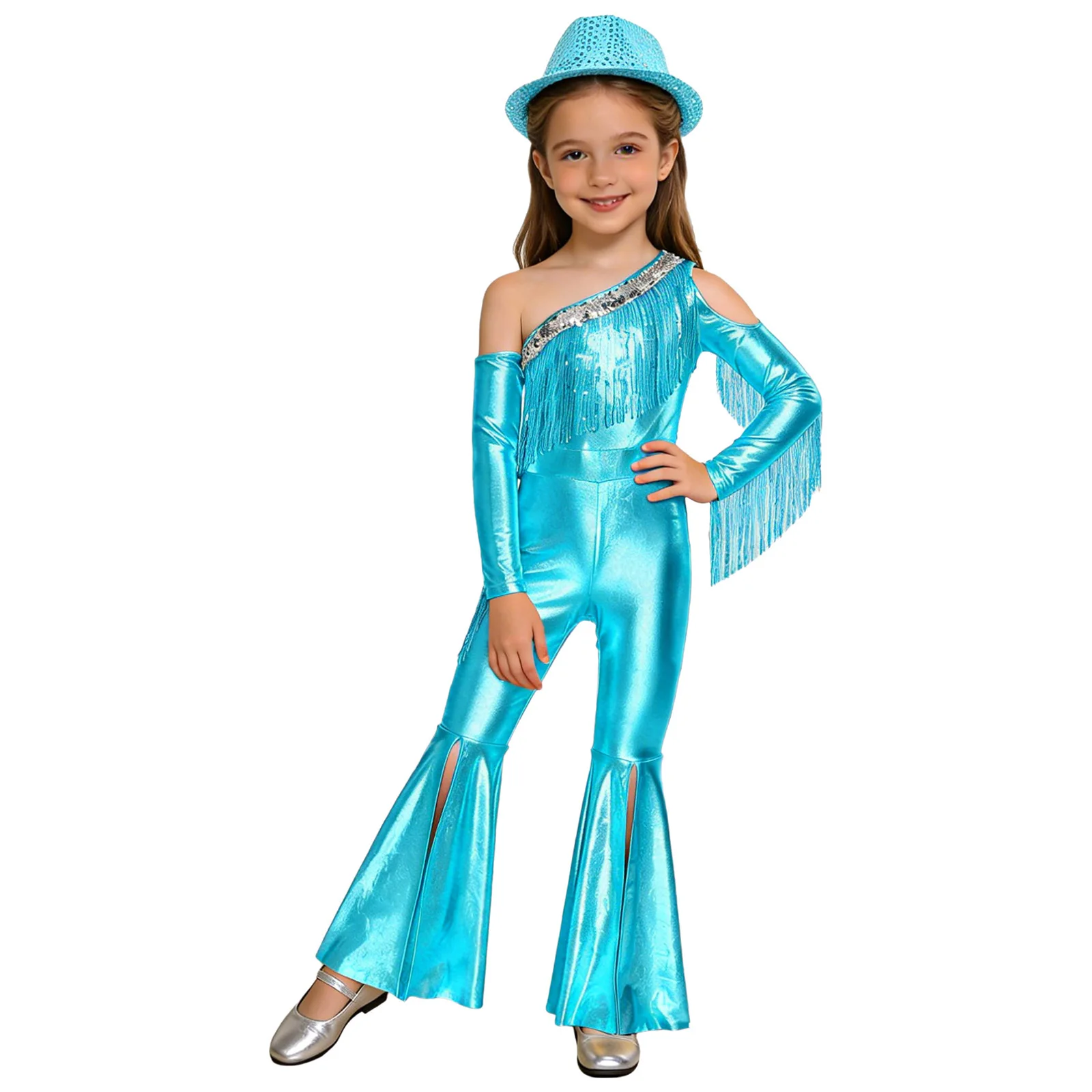 Traje de baile latino para niños, peleles de fiesta para niñas, trajes de discoteca de vaquera con lentejuelas de los años 70, mono metálico con borlas Hippie + sombrero Fedora