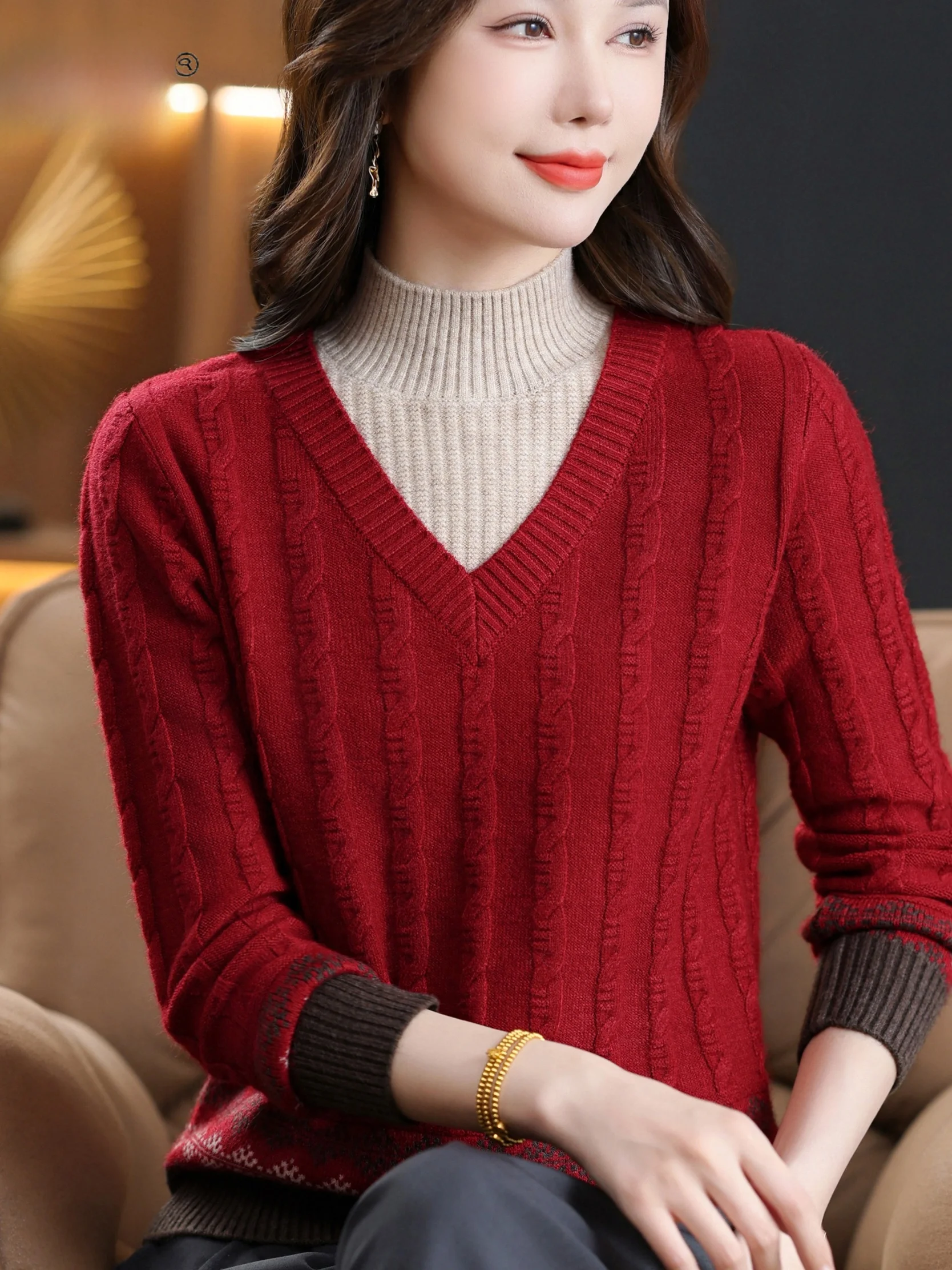 

Thiened вязаный свитер V-Ne, теплая основа для женщин среднего возраста, осенне-зимняя модная верхняя одежда, удобная посадка