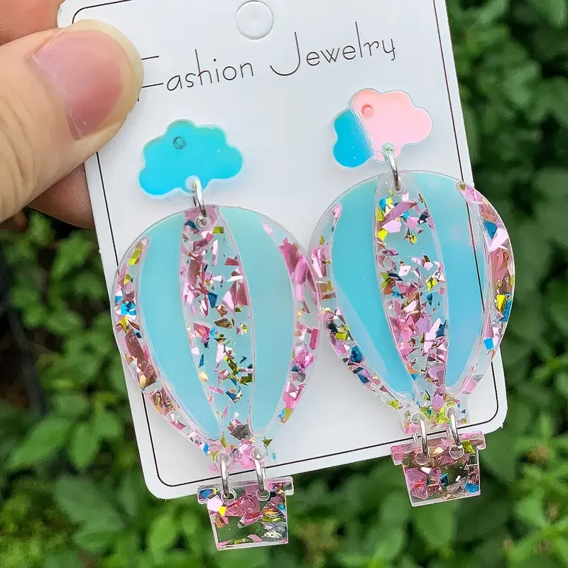 1 Pair of Colorful Reflective Cloud Hot Air Balloon Earrings Made of Acrylic Splicing, Popular And Simple Versatile Jewelry