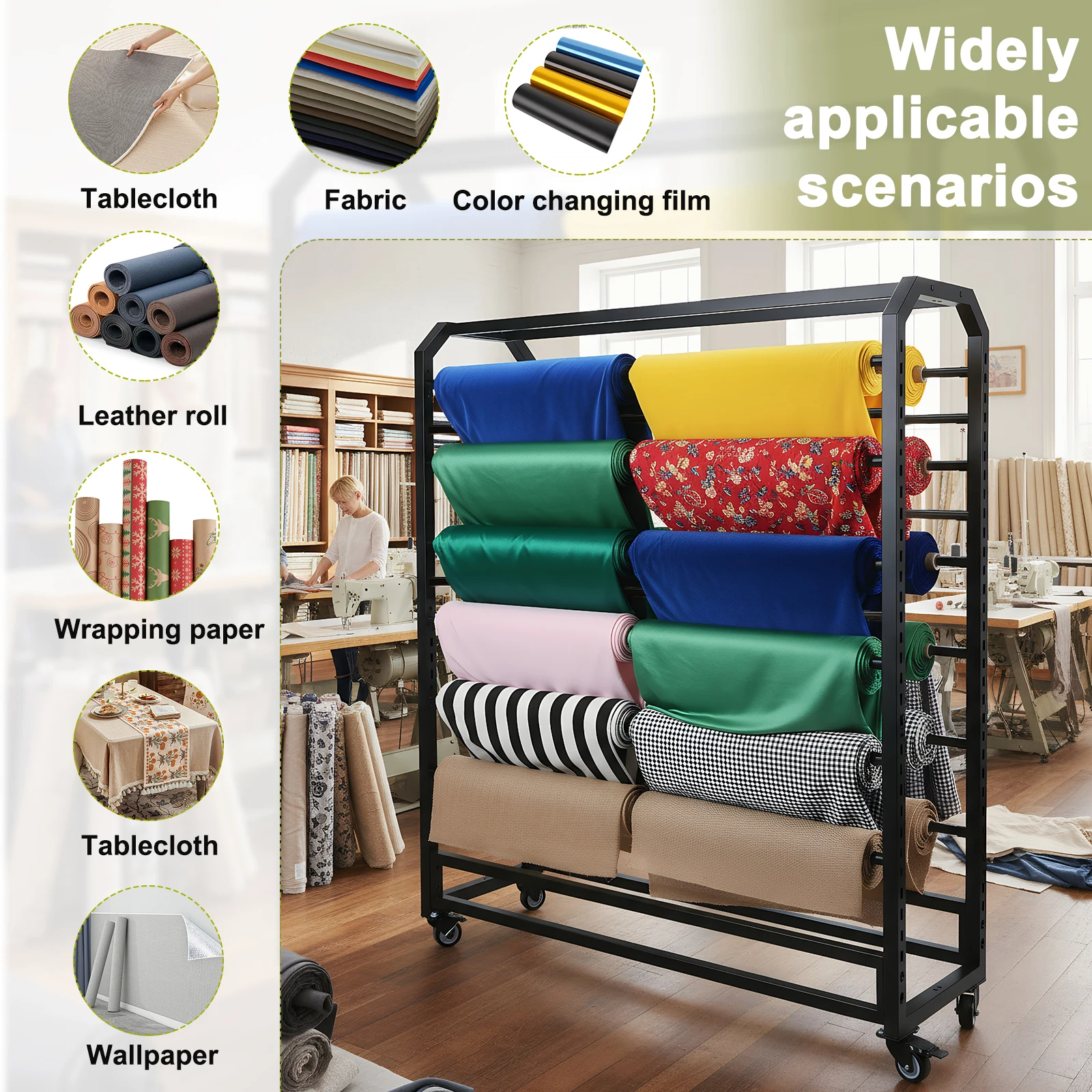 

16/18 Rods Vinyl Roll Storage Rack with Adjustable Hanging Rod Metal Vinyl Rack with Wheels for Car Window Film PVC Tablecloth