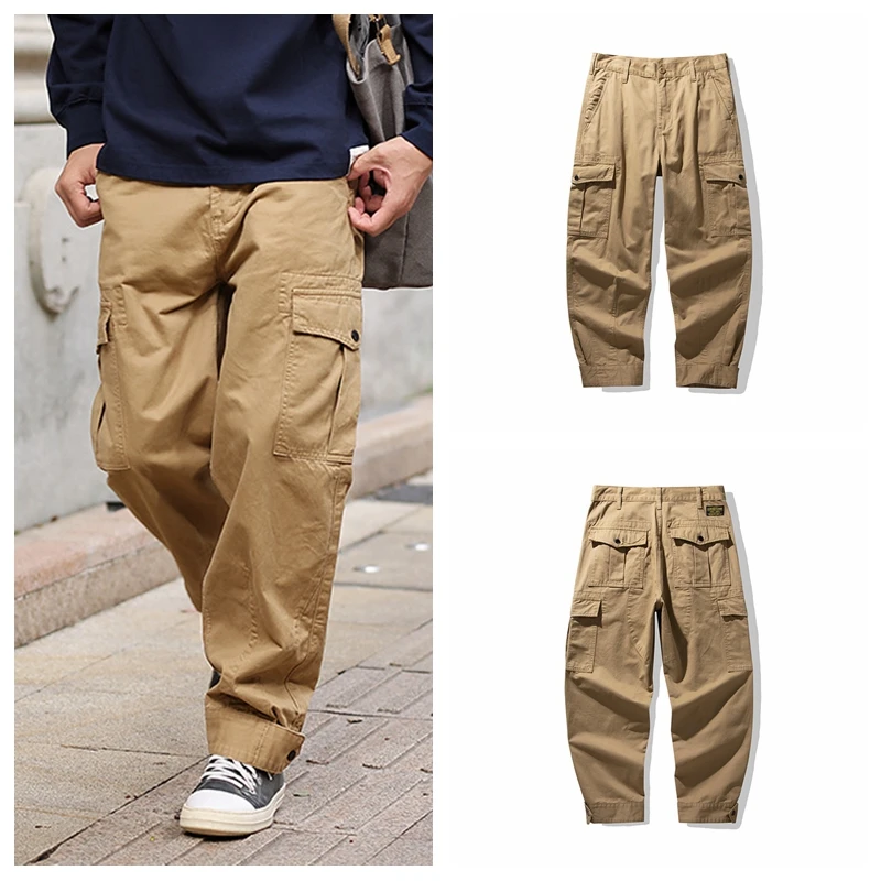 

Vintage Motorcycle Riding Pants Men's Loose Fit Casual Trousers with Multiple Pockets Military Style Long Pants Cuffed