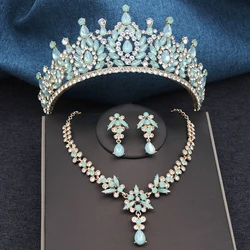 Opal Green Bridal Crown Jewelry Sets Tiaras and Earrings Necklace for Women Prom Bride Wedding Crown Headpiece