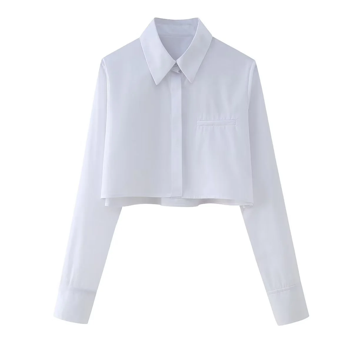 Fashionable Women's Long Sleeve Shirt 2025 New Style Short Length Pocket Decorated Polyester Fiber Spring Season Striped Pattern