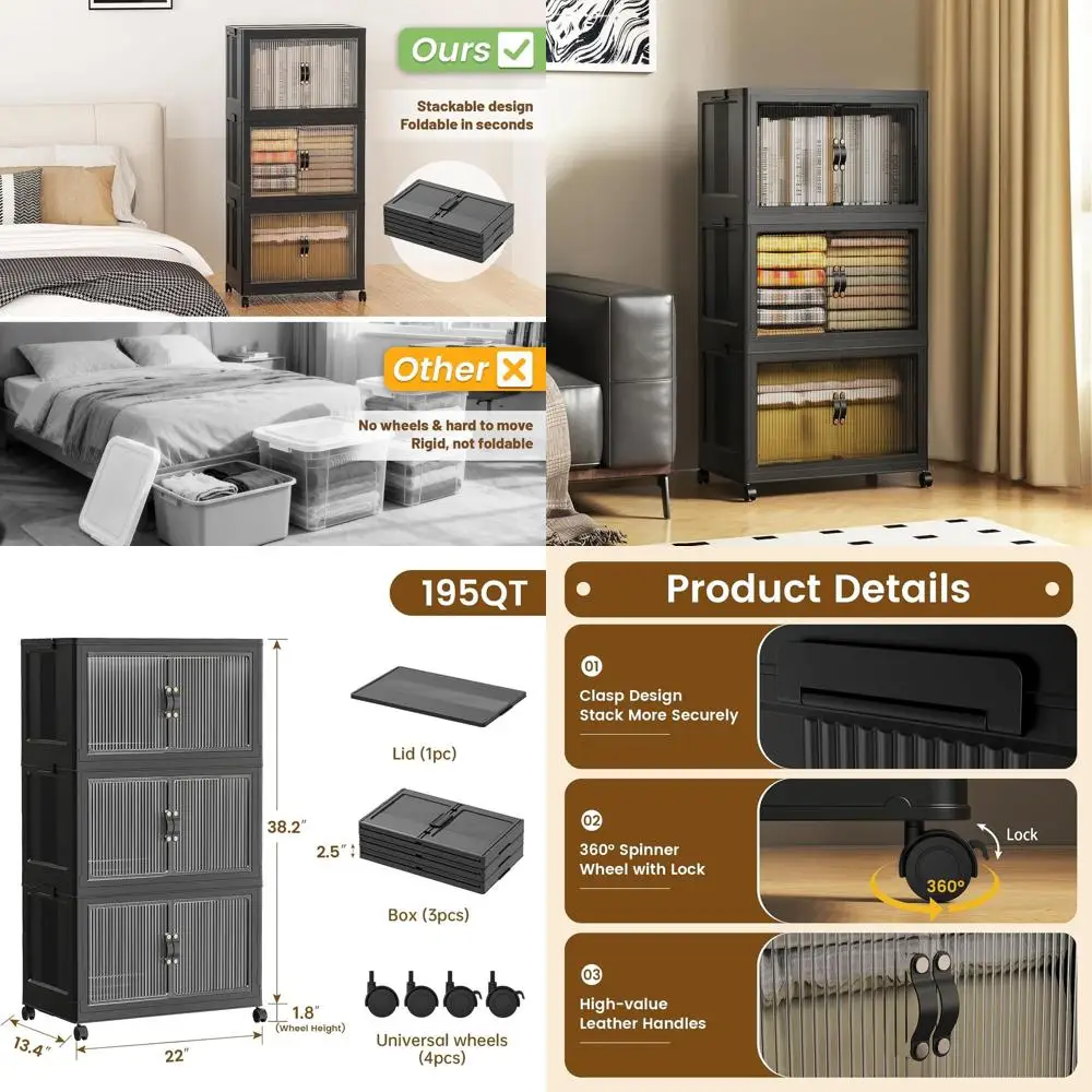 

Stackable Collapsible Storage Bins with Lid, 22x13x38, Closet Organizers, Black