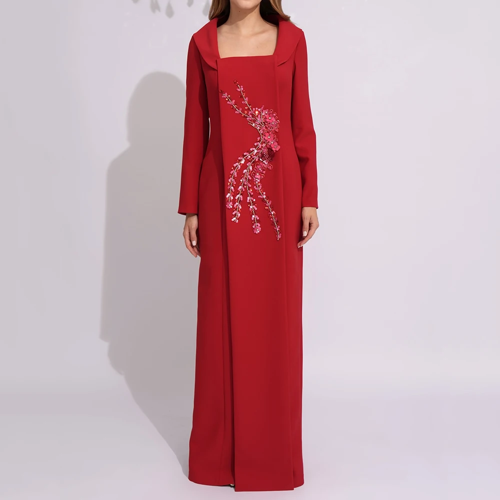 

Customized Straight Evening Dresses Floor-length Square Collar Full Sleeve Prom Gown Simple Fashion Sequined Flowers Party Gown